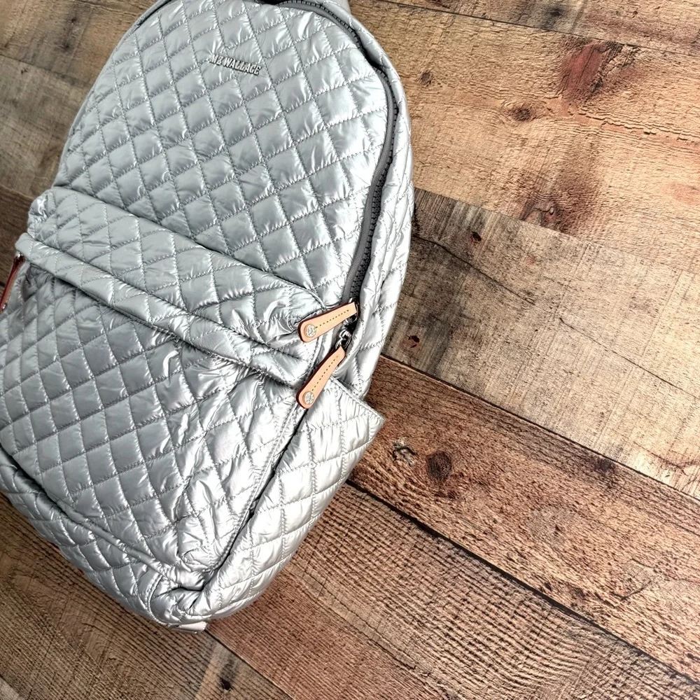MZ Wallace Silver Quilted Nylon Backpack with Tan Leather Accents